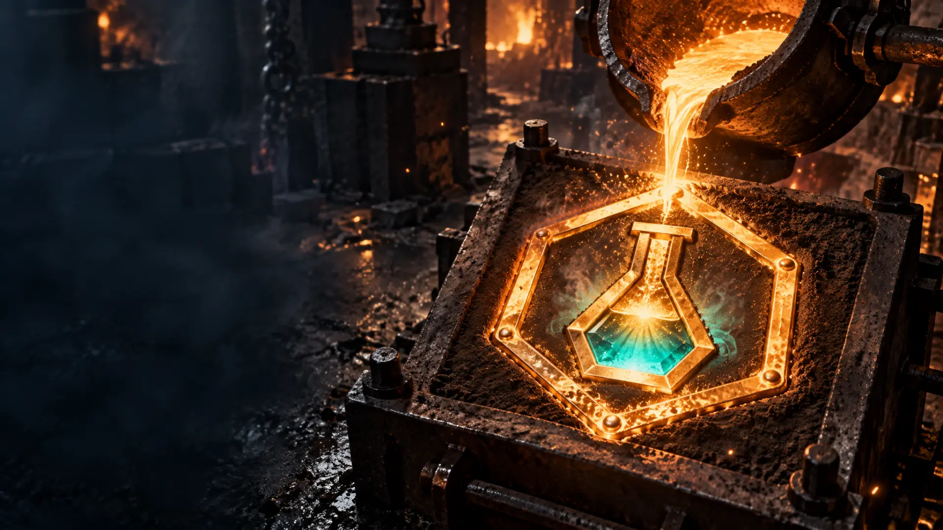 The Orbital Alchemists logo being cast from iron in a foundry.